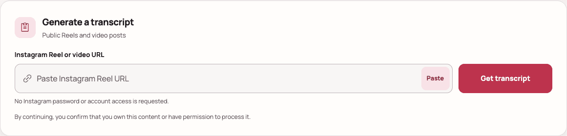 Instagram transcript input for a public Reel or video URL