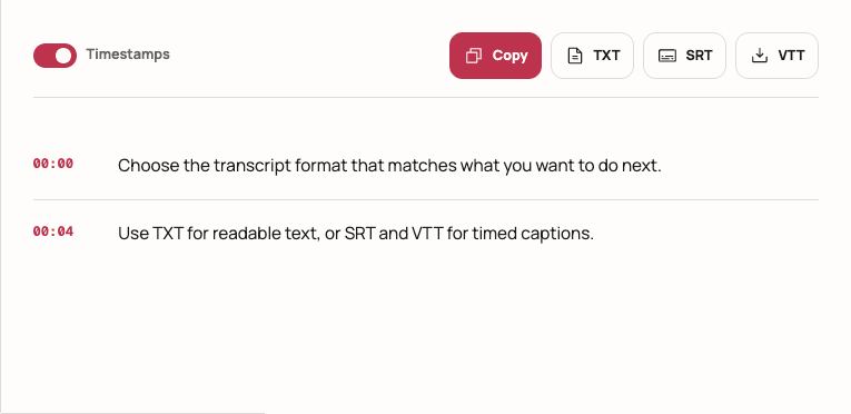 Instagram transcript result with copy, TXT, SRT, and VTT export controls